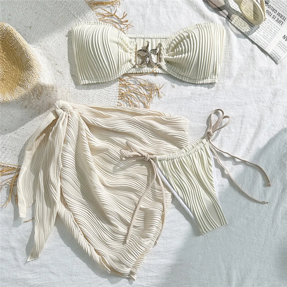 

Metal Starfish Solid Swimwears Bandeau 3 Piece Bikini Set Micro Thong Sexy Swimsuit Women 2025 White Texture Bathing Suit Bikini