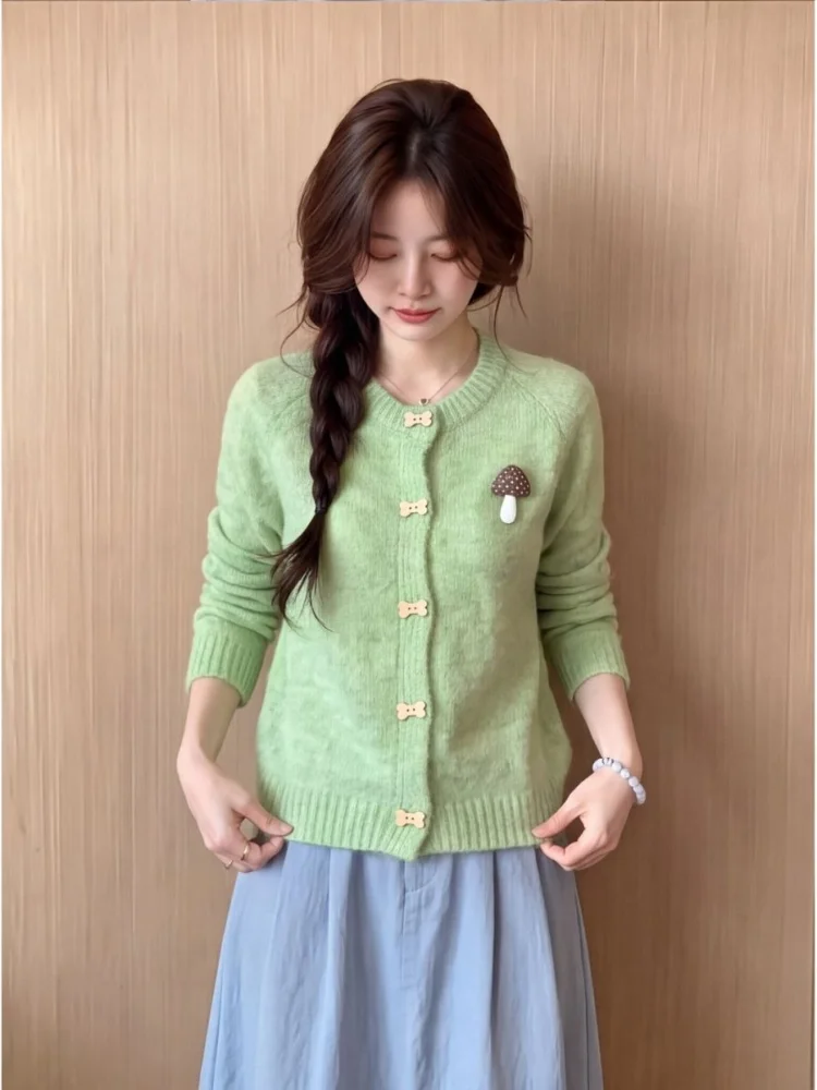 Women's Japanese Style Mushroom Patch Cardigan Cute Crewneck Bone Buttons Soft Cozy Knit Fall Winter Jumpers Sweater Top