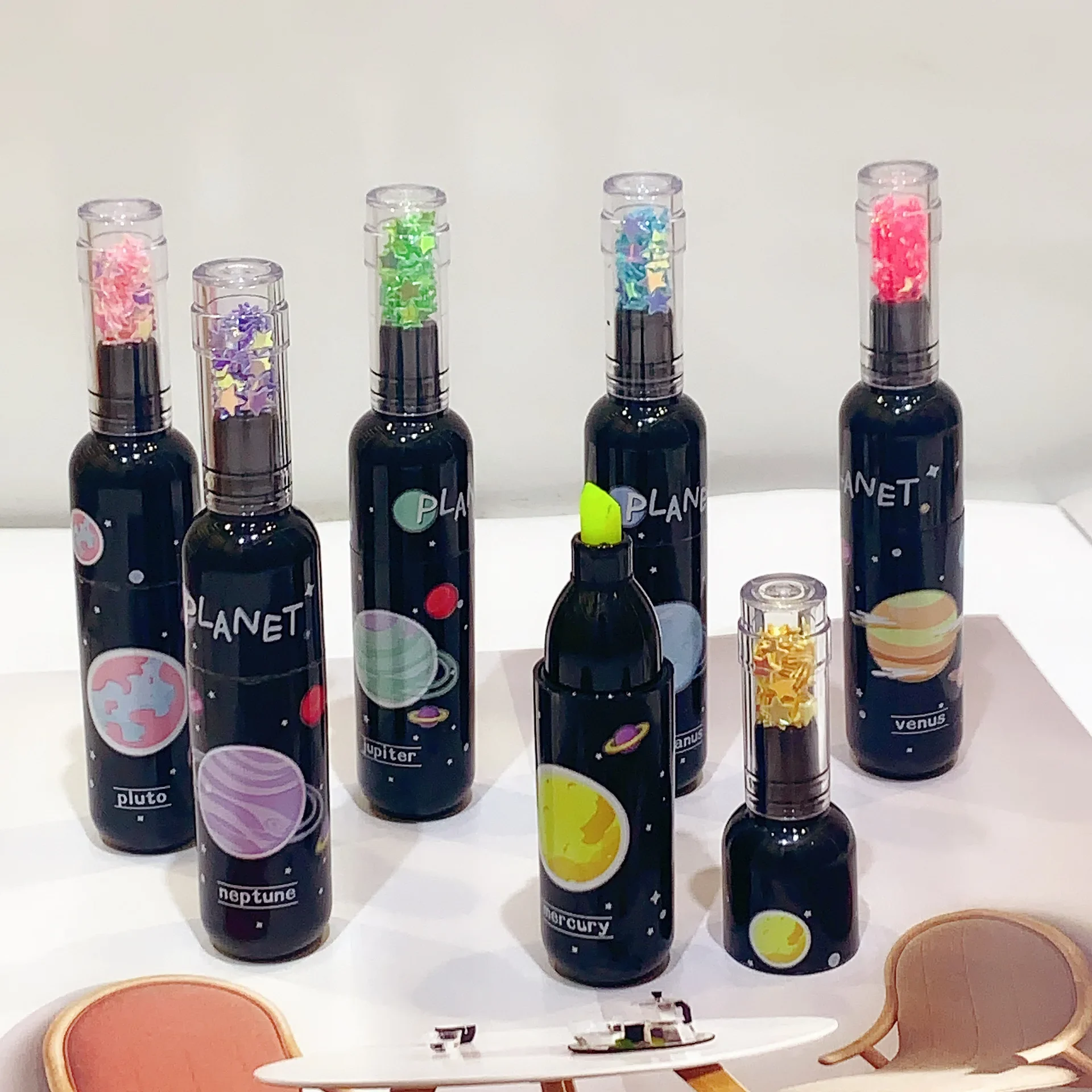 6pcs/set Mini Glitter Marker Pens – Planet Bottle Design, Smooth Writing, for School Supplies, Office Use & Creative Drawing
