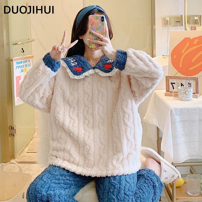 DUOJIHUI-pijama holgado de invierno para mujer, conjunto de 3 colores, suave, grueso, cálido, con lazo de Color de contraste, informal, Simple