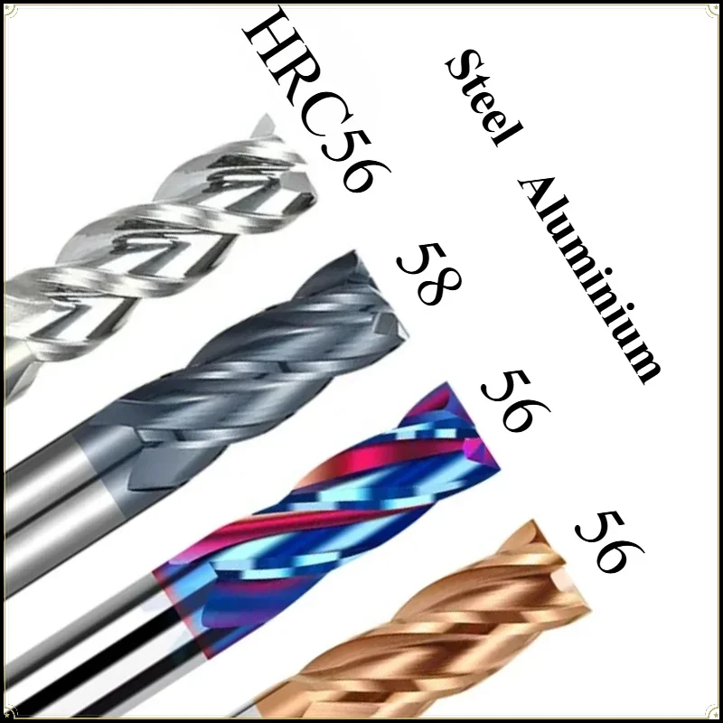 CNC Carbide Flat End Mill Tungsten Cutter 3 4 Flute Metal Steel Machining Tool Key Face Square Router Bit 6 8 12 Shank HRC65