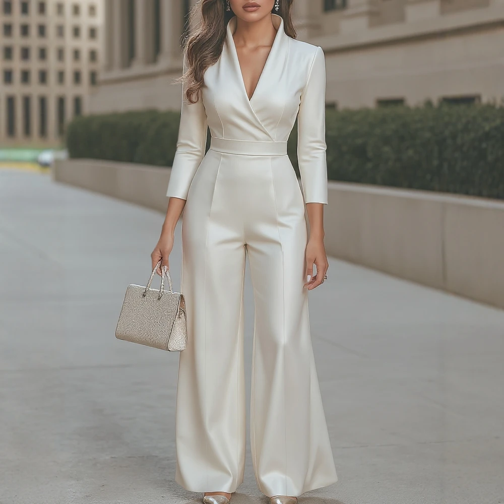

Women's Elegant Fashion V-Neck Long Sleeve Jumpsuit Autumn Wide Leg Full Length Workwear Plain Style