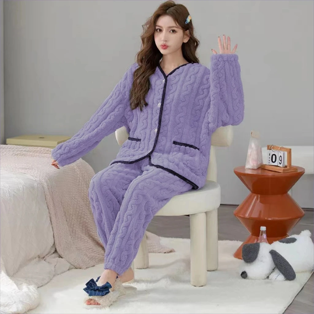 

Coral Fleece Sleepwear For Women Spring Autumn Thick Fleece Warm Pajama Set Female Flannel Home Suit Casual Pajama Pants Sets