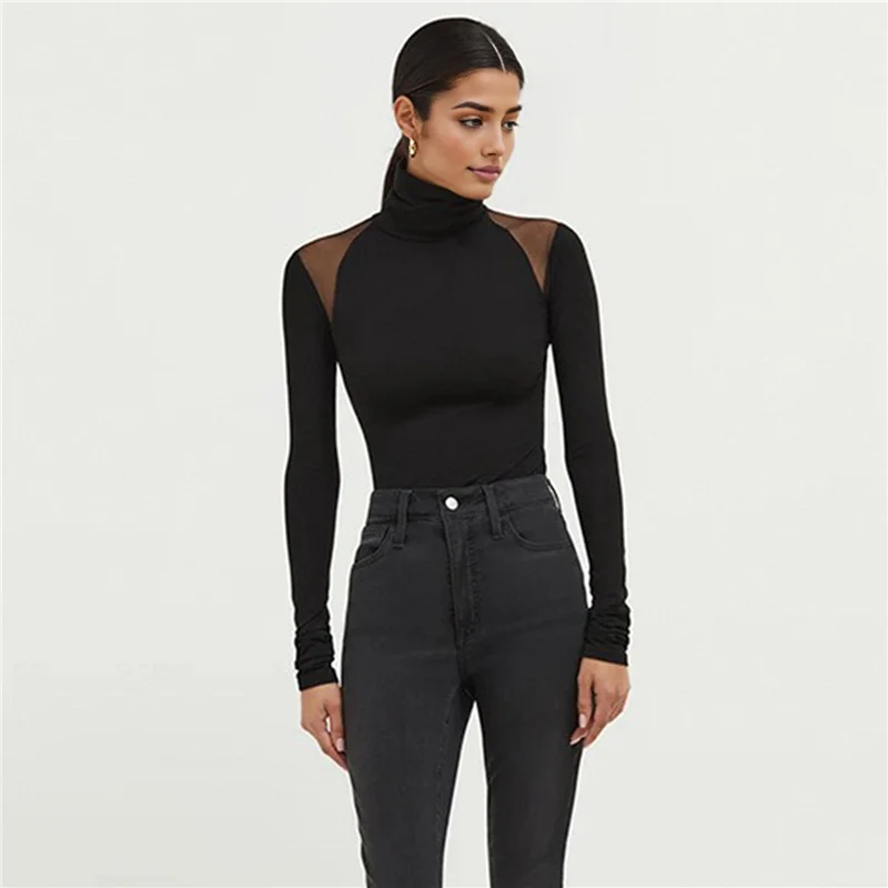 Hot Kf-dames mesh splitsen lange mouwen tops doorzichtige bodysuit party club nachtclub bodysuit zwart S