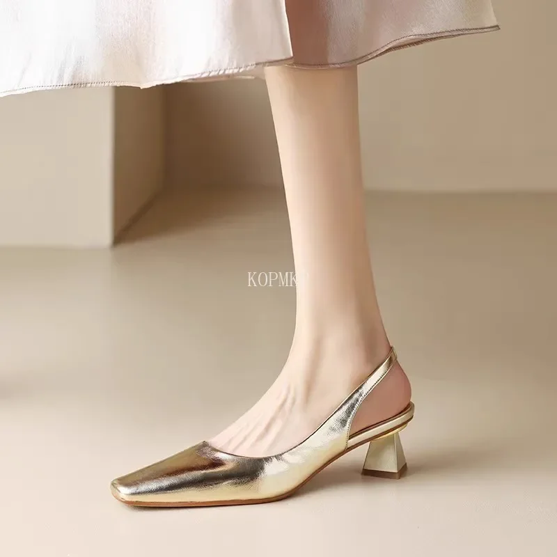 Summer Women Genuine Leather Pumps Square Toe Chunky Mid Heels Concise Ladies Fashion Career Shoes Silver Gold Shoes for Women