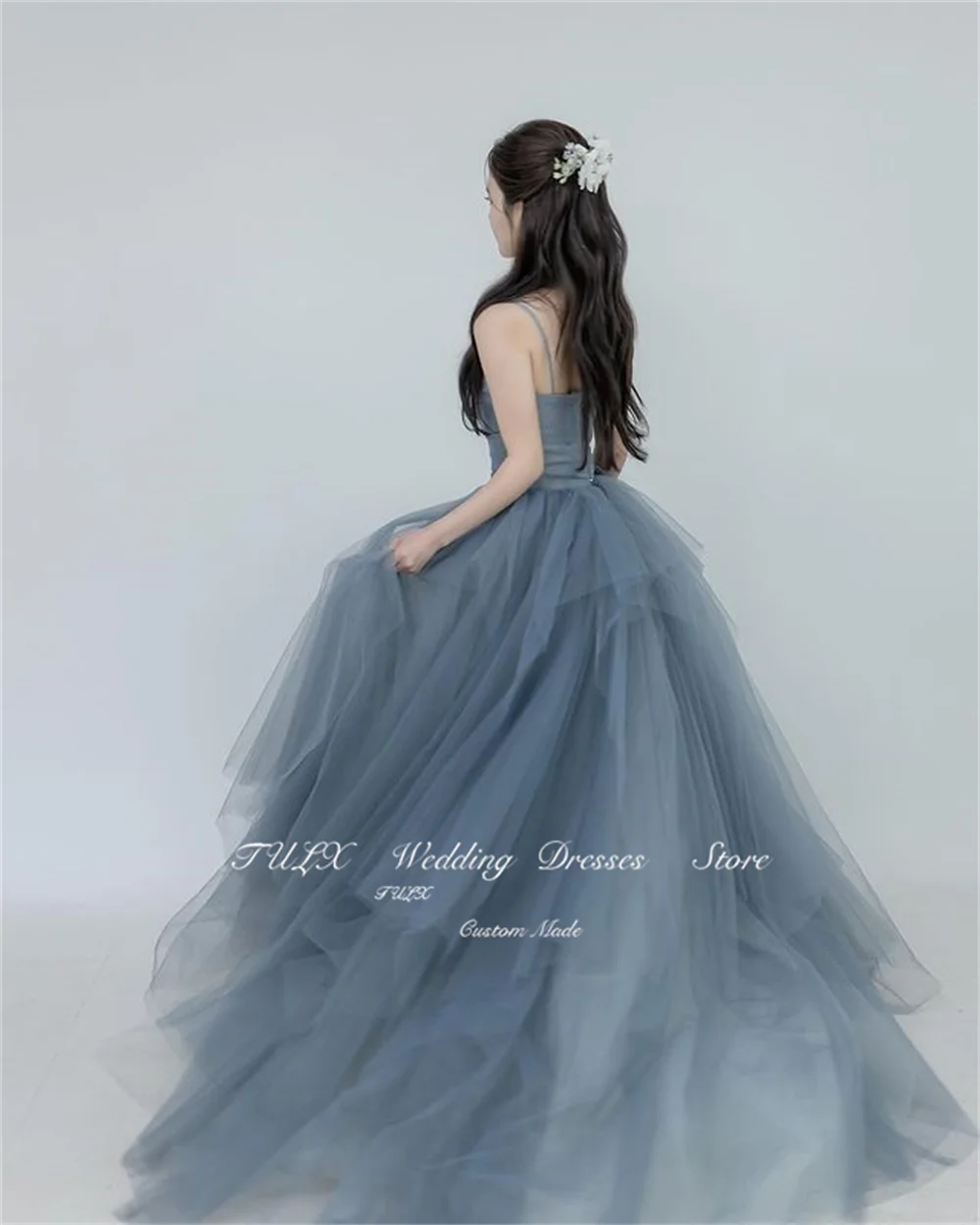 TULX Fairy Spaghetti Straps Grey Blue Tulle Korea Suknie ślubne A Line Suknie ślubne Suknie do sesji zdjęciowej Gorset Wykonane na zamówienie