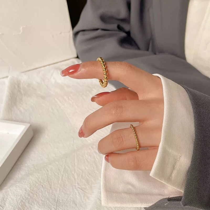 Ins Fashion Solid Beaded Ring Waterproof Jewelry Titanium Steel Golden Metallic Sphere Daily Stacker Ring for Women