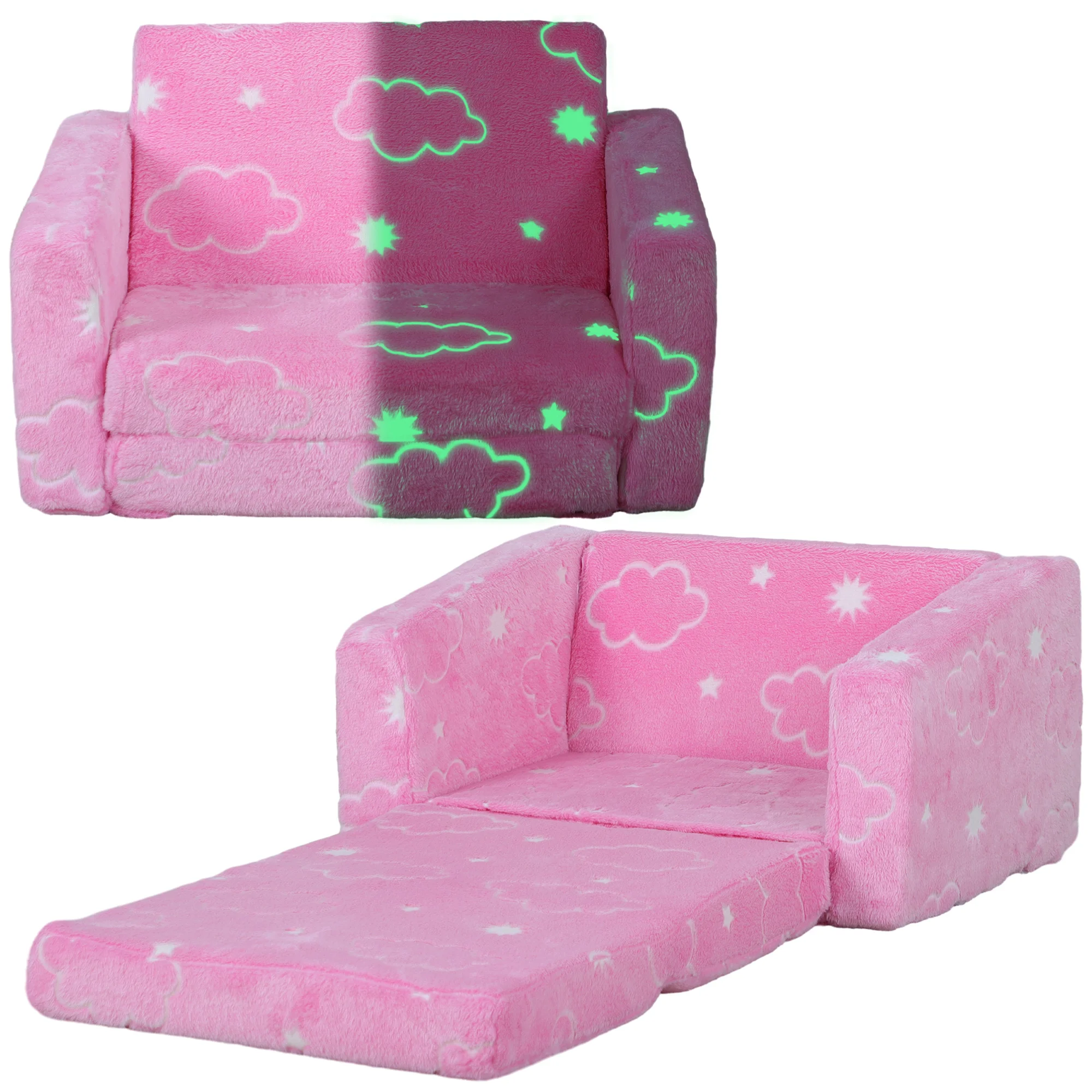 AIYAPLAY children's armchair folding children's sofa reclining 2 in 1 baby sofa upholstered luminous fabric cushion and washable cover for living room bedroom