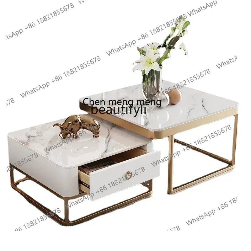

X Nordic Square Coffee Table Combination Modern Simple Living Room Home Small Apartment Bright Surface Stone Plate High Sense
