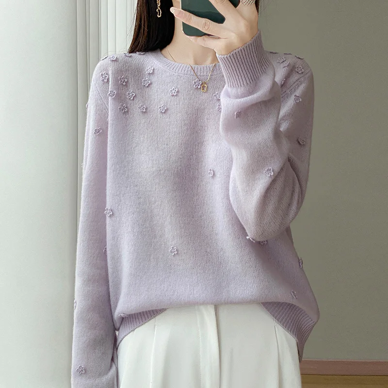 

Осенне-зимний элитный модный вязаный крючком шерстяной свитер с круглым вырезом, женская возрастная трикотажная нижняя рубашка