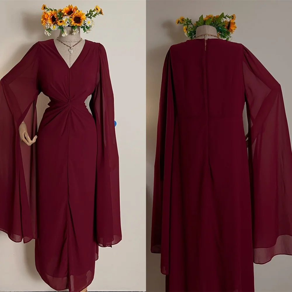 

Customized Temperament Burgundy Chiffon Evening Dress High Quality V-Neck Long Sleeves Zipper Back Special Occasion Gowns