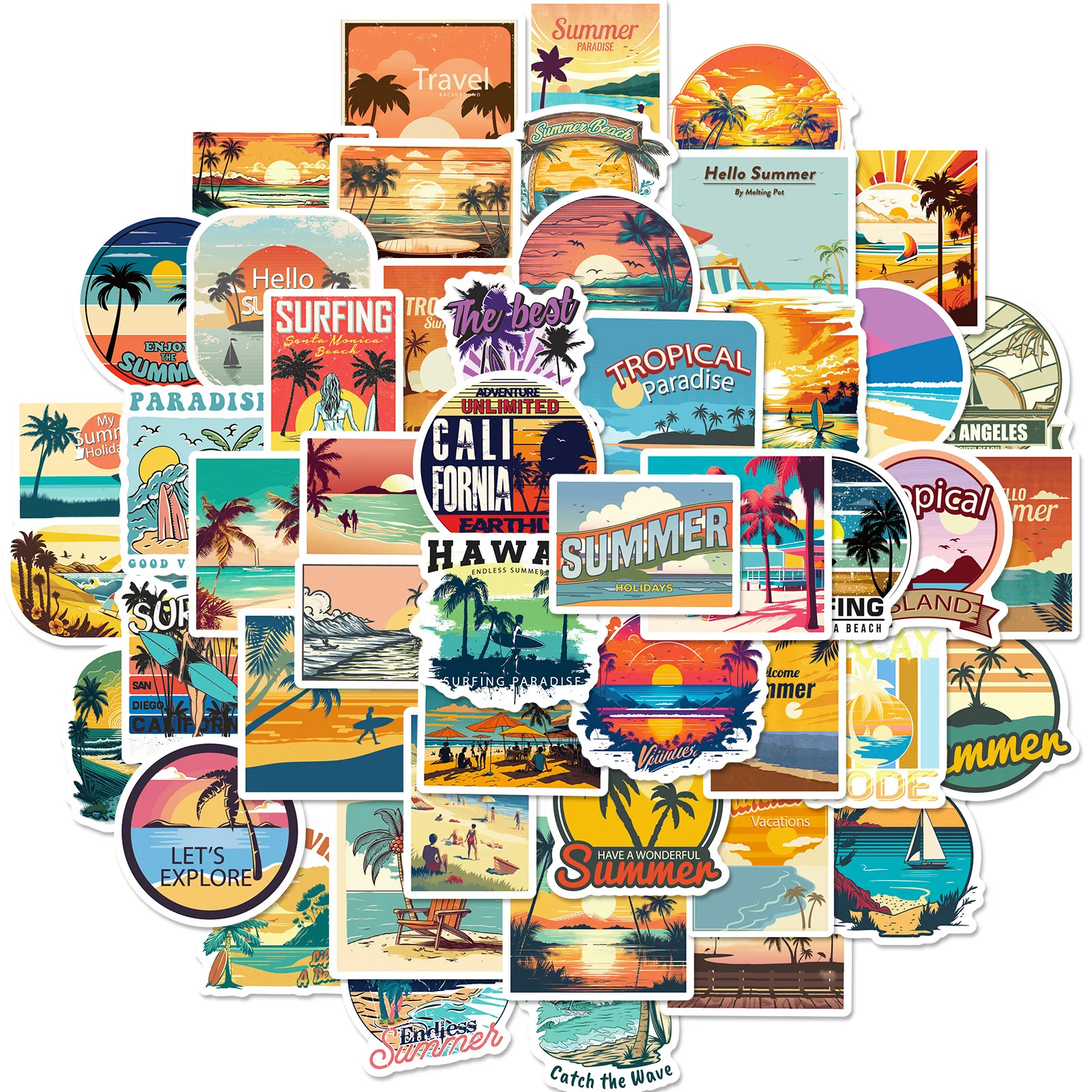 

10/30/50PCS Vintage European and American Poster Style Stickers Sunset Beach Cartoon Graffiti Decal Fridge Phone Guitar Kid Toys