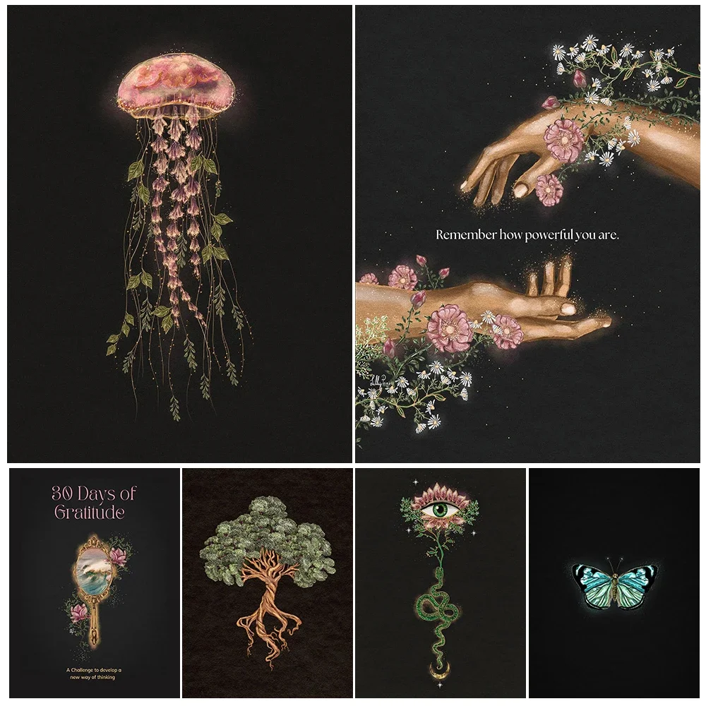 

Tree Of Life, Plant-Heart, Moth, Flower-Snake Vintage Wall Art Canvas Painting Mysterious Witchcraft Element Art Poster Print