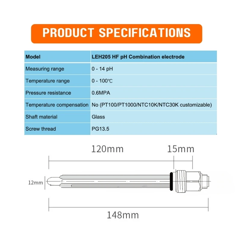 HF pH Electrode Glass Body Hydrofluoric Acid Inline pH Probe PG13.5 Thread For Semiconductor