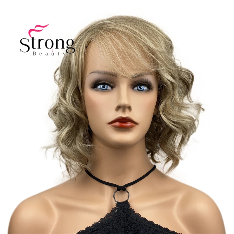 StrongBeauty Short Wavy Ash Blonde High Heat Ok Full Synthetic Wig for Women