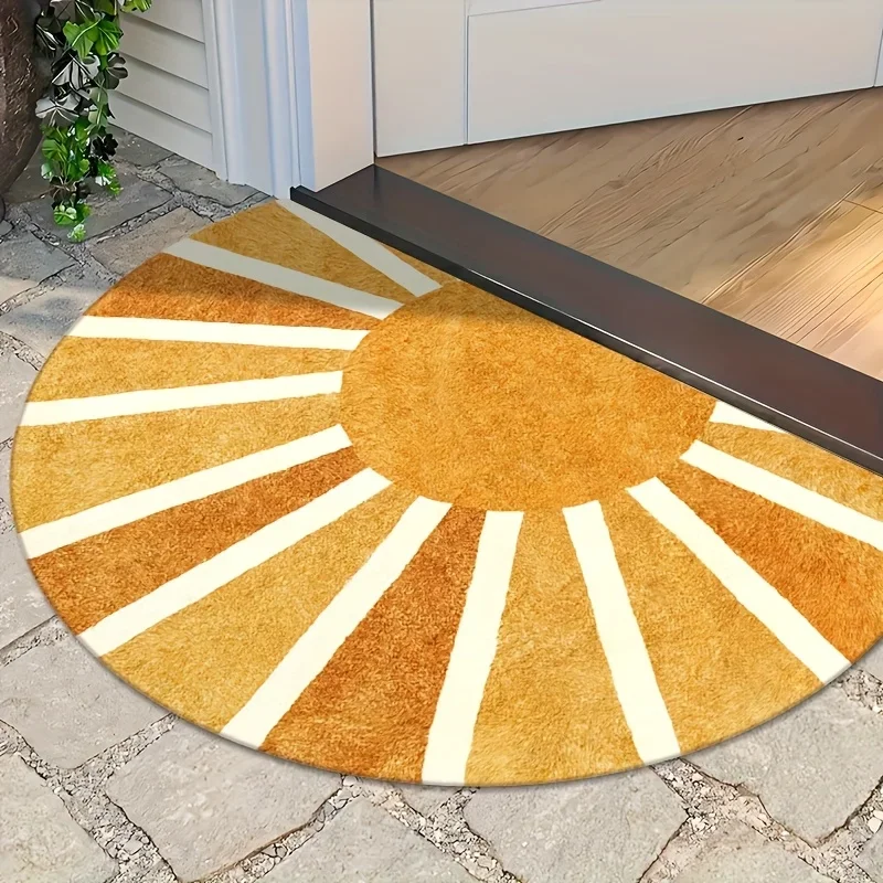 Elegant Mediterranean Tile Semi Circle Rug Vintage Blue Area Carpet Classic Non Slip Welcome Door Mat For Hallway House