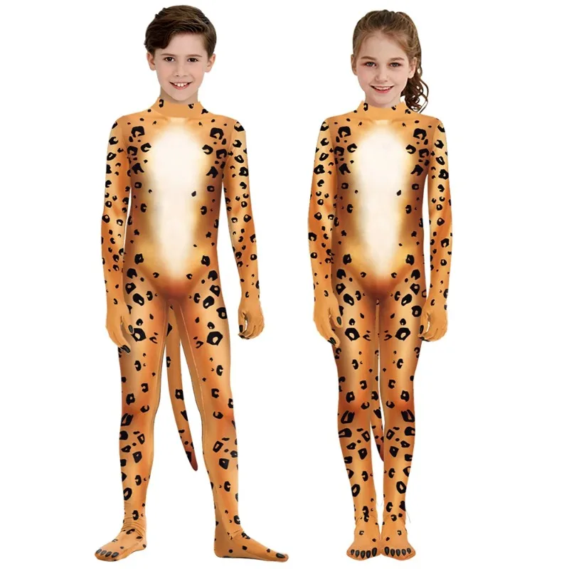 

Kid 3D Print Animal Leopard Tiger Jumpsuits Boys Girl Halloween Carnival Party Zentai Suits Cheetah Cosplay Costume Bodysuits