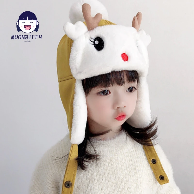 

Children's Hat for Kids Ear Protection Thicken Adjustable Plus Velvet Cute Korean Kids Cap Winter Baby Pompom Hat Baby Beanies