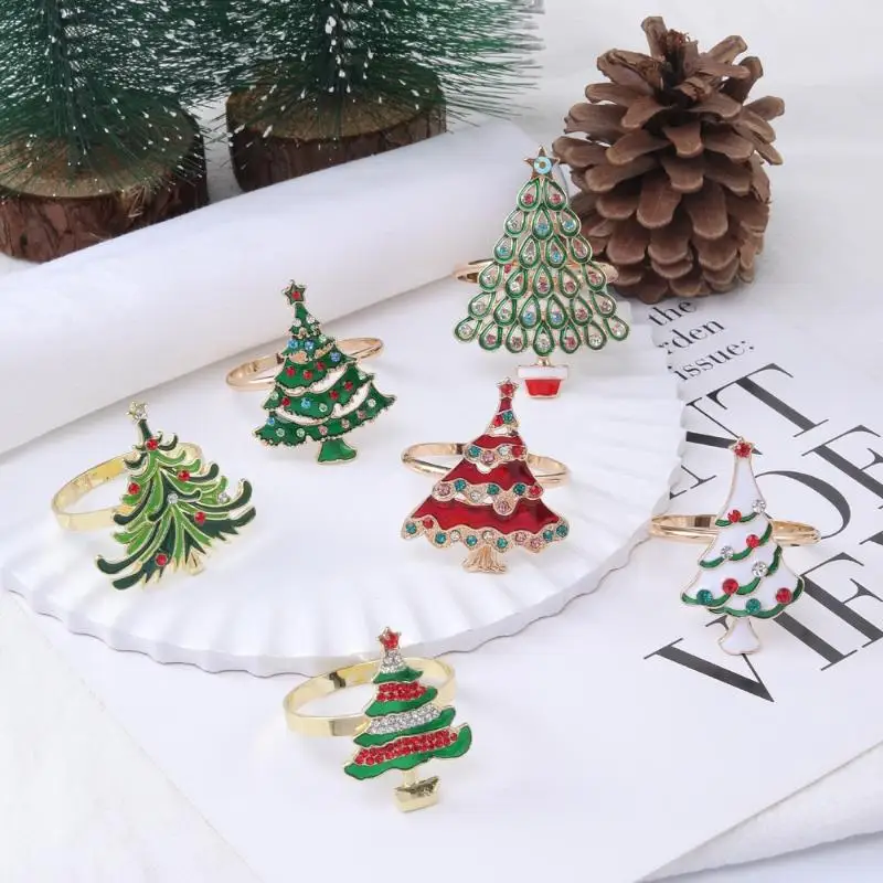 Christmas Napkin Rings Red Accent Xmas Tree Style for Christmas Eve Dinner Table Kitchen Home Decor 1Pcs