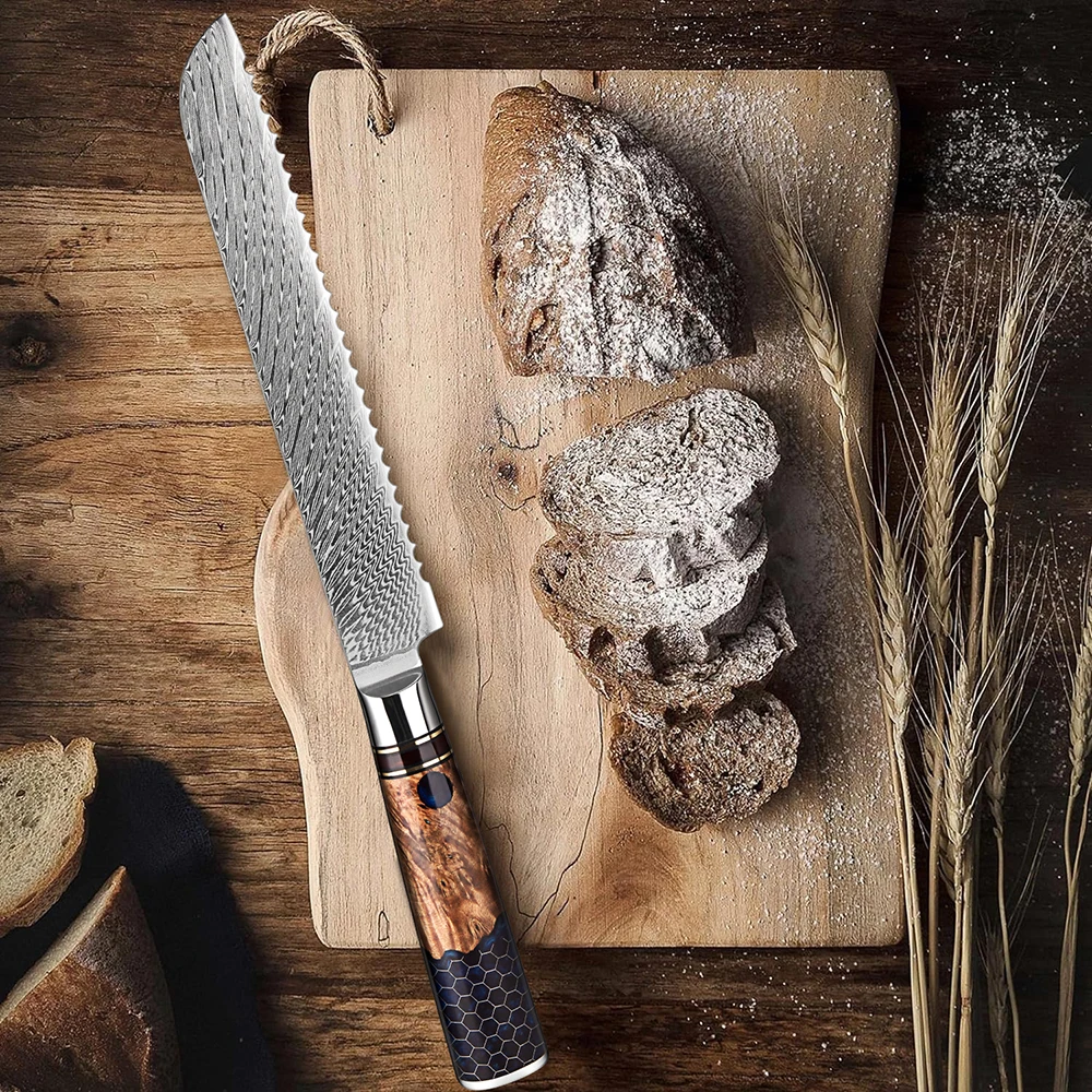 XITUO 8 Inch Bread Knife Damascus Steel Sharp, Pro Kitchen Toast Slicing Knife Serrated Cake Knife, Honeycomb Blue Resin Handle