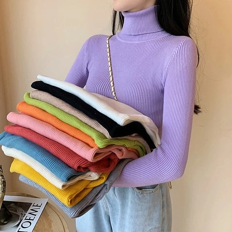 Winter Knitting Sweater Pullovers Women Long Sleeve Tops Turtleneck Knitted Sweater Chic Women Clothes Female Candy Bottom Shirt