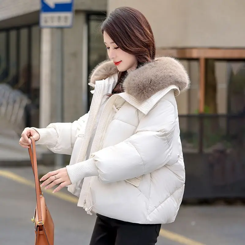 2025 Winter New Down Short Padded Jacket Women Parkas Fur Collar Thick Cotton Coats Clothes Black Khaki Casual Outerwear Female