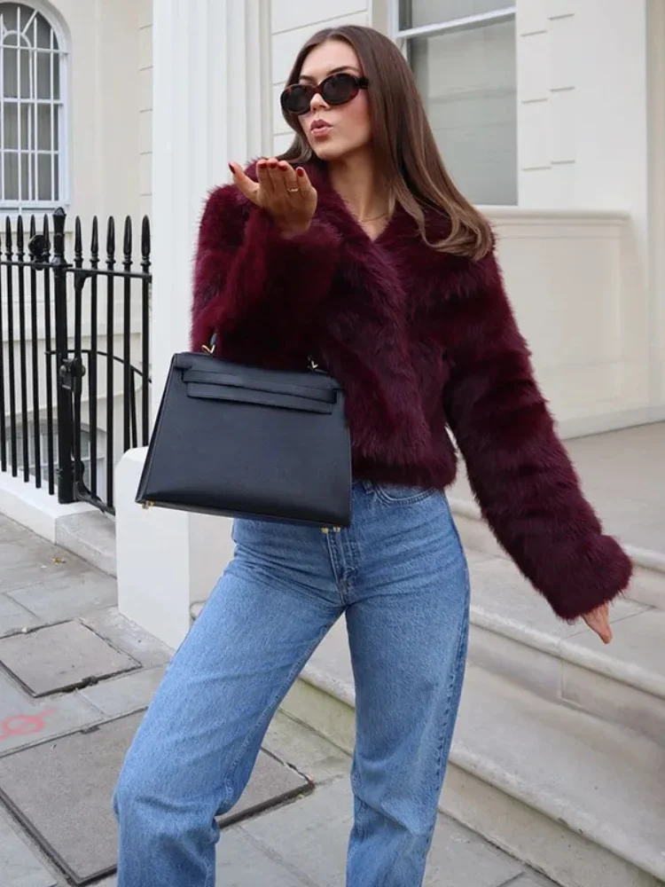 

Burgundy Faux Fur Coats Vintage Long Sleeve Furry Warm Jacket Fashion Casual Women Coats 2024 Autumn High Street Lady Outerwear