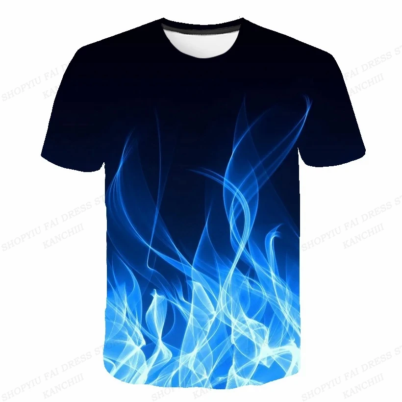 Summer Men's T-shirt Blue Green Flame 3d Print T-shirts Men Women Fashion Short Sleeve Tshirt Kids Hip Hop Tops Tees Boy T Shirt