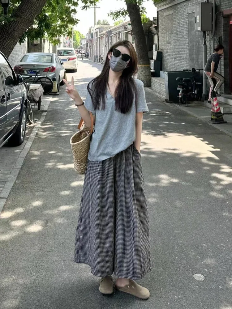 Black Plaid Wide Leg Pants Women Summer Small Size Thin High Waist Drape Cool Casual Linen Nine Points Pants Loose Fit Trousers