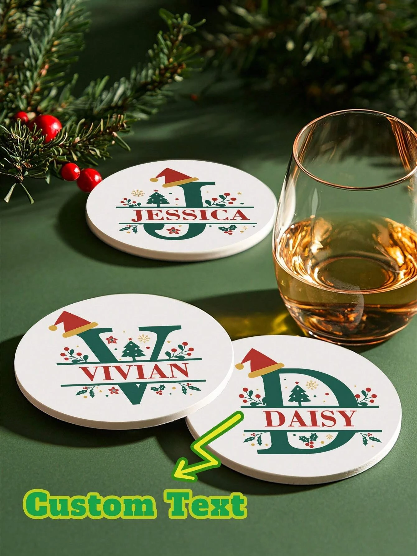 1pc Personalized Christmas Letter Shape Ceramic Coaster,Custom Name And Letter Design,Holiday Gift Essential,Christmas Decor