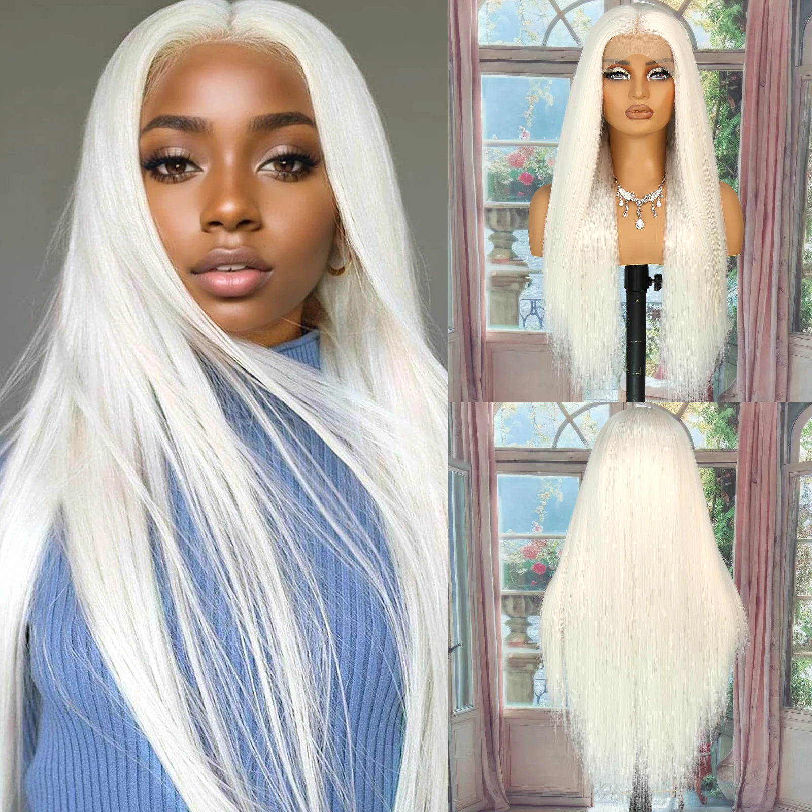 Aubree cabelo sintético peruca 13*4 frente do laço perucas cosplay cor branca 28 polegadas longa reta 180% densidade peruca sem cola