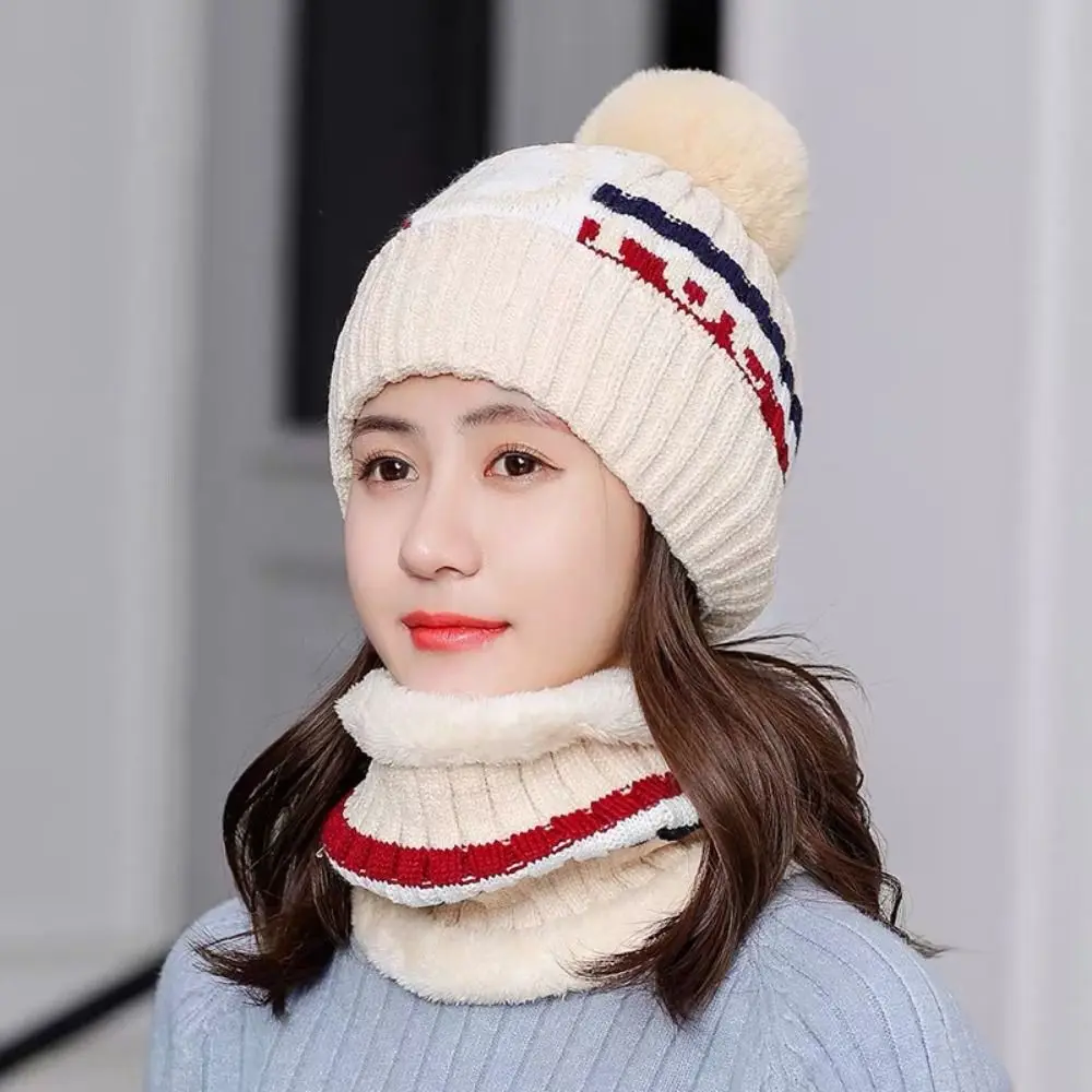 

Casual Thick Warm Women's Beanies Scarf Set Windproof Keep Warm Neck Warmer Scarf Knitted Hat With Scarf Winter