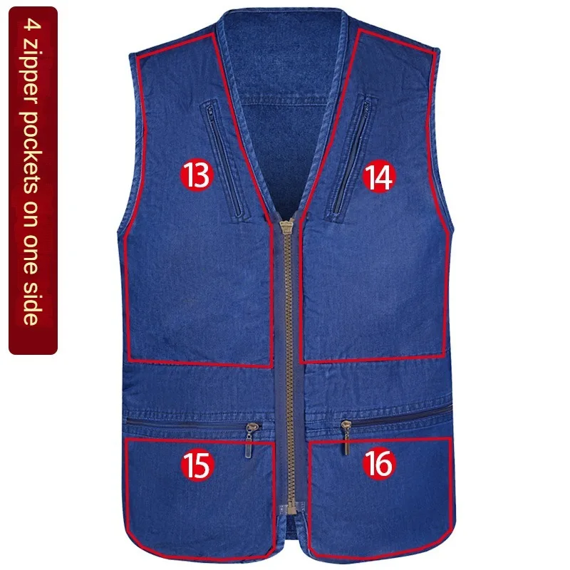 

Summer Men's Denim Blue Loose Multi-pocket Casual Outdoor Tooling Solid Color Vest Fishing Vest Overalls