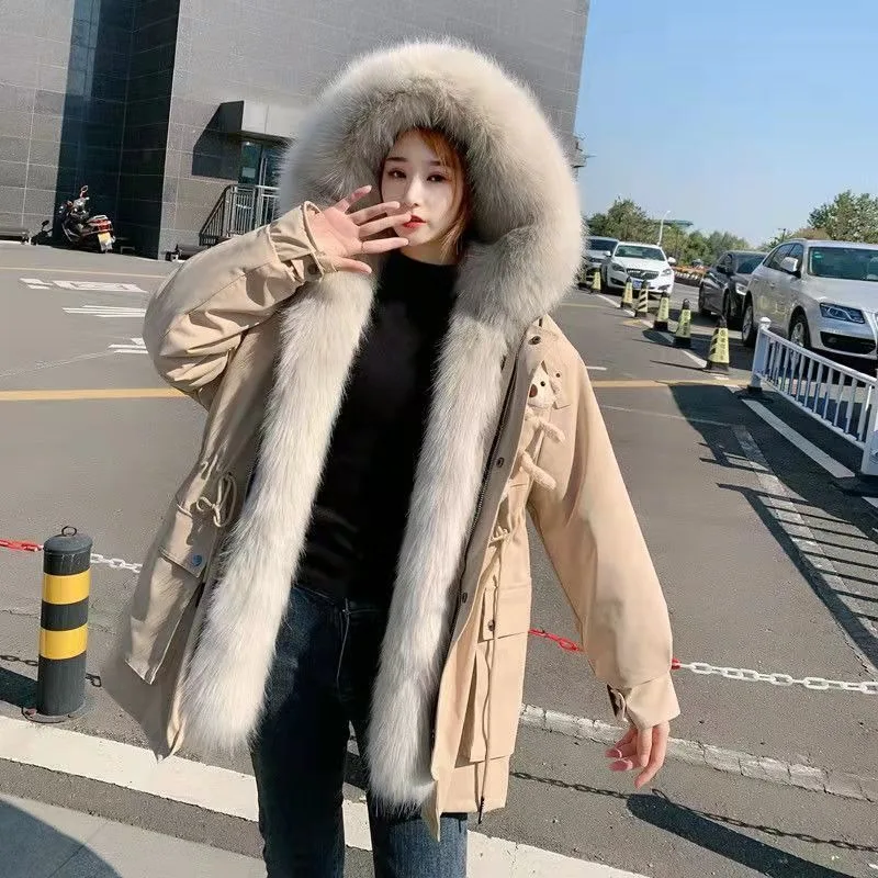 2023 New Women Imitation Fox Fur Liner Removable Parka Winter Mid-Length Thicken Warm Hooded Outwear Fashion Solid Color Outcoat