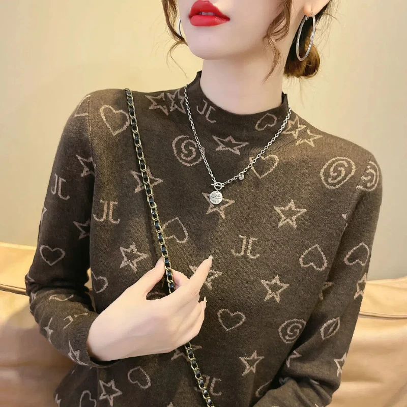 Koreańska moda Jesienne swetry damskie Mock Neck Letter Jacquard Weave Simplicity All-match Long Sleeve Pullovers Dzianinowe topy