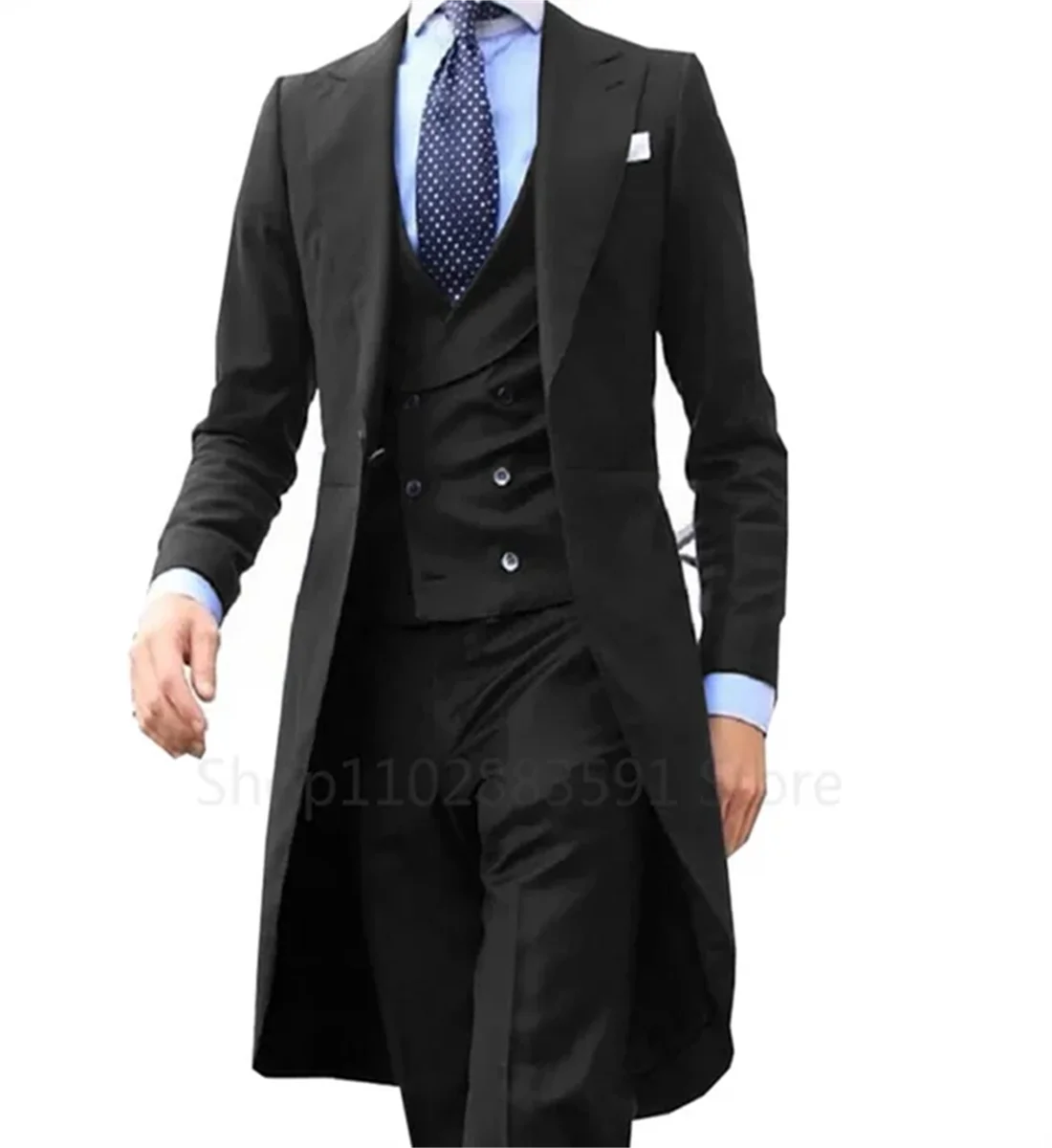 3 Pieces Green Long Tail Blazer Gentleman Male Suit Men\'s Fashion Groom Tuxedo for Wedding Prom Jacket Vest with Pants