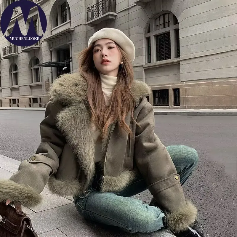 

Женская зимняя куртка из искусственного меха с воротником-поло, короткая мотоциклетная стильная корейская модная повседневная свободная теплая утолщенная верхняя одежда