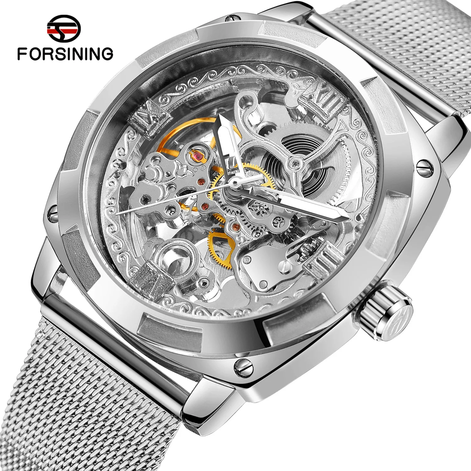 

FORSING Fully Automatic Hollow Men's Mechanical Watches Fashion Business Stainless Steel Glow Pointer Mechanical Watch for Men