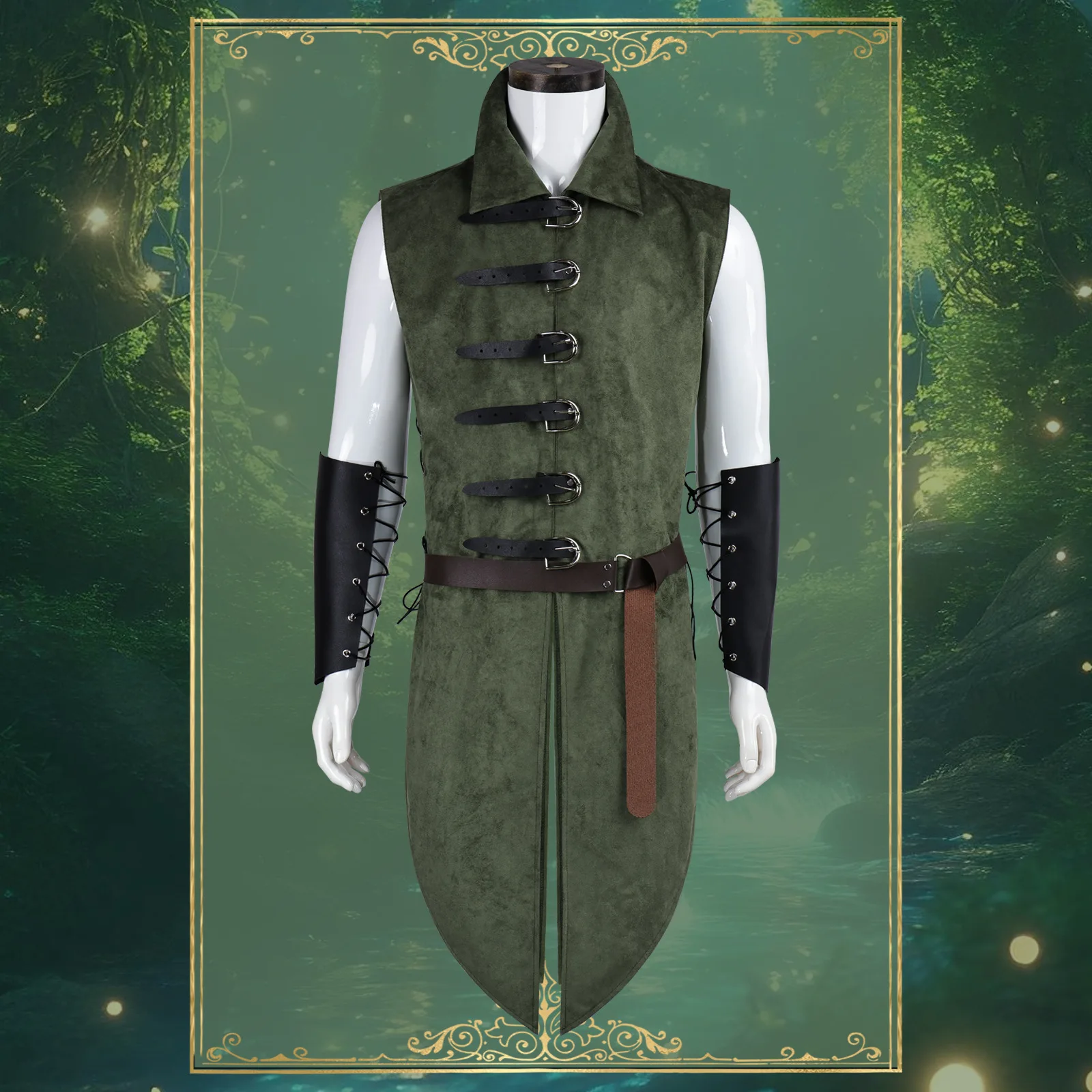 Men Medieval Retro Elf Long Vest Set Waist Cincher Wrist Guards Ranger Stage Cosplay Performance Costume view 6