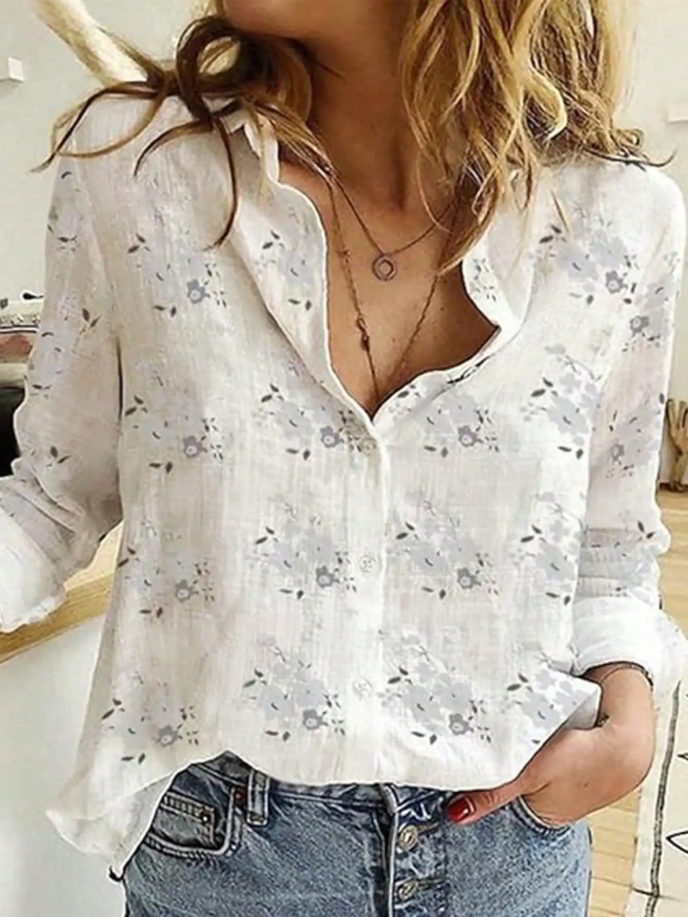 

Women's Floral Print Lapel Button-Up Blouse Casual Long Sleeve Shirt Spring Autumn