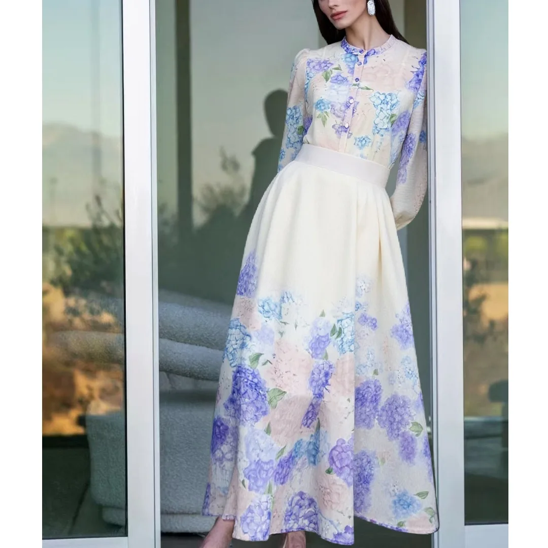 

Faion ow Luxury Embroidered Hydrangea Lantern Sve irt High Waist Maxi Skirt Set Women's Polyester Long Sve Button...