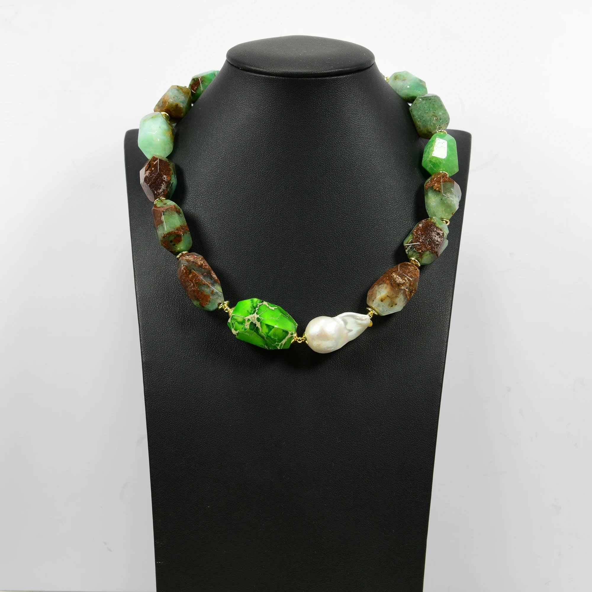 Natural Chrysoprase Emperor Stone White KeShi Pearl Necklace- Jewelry party