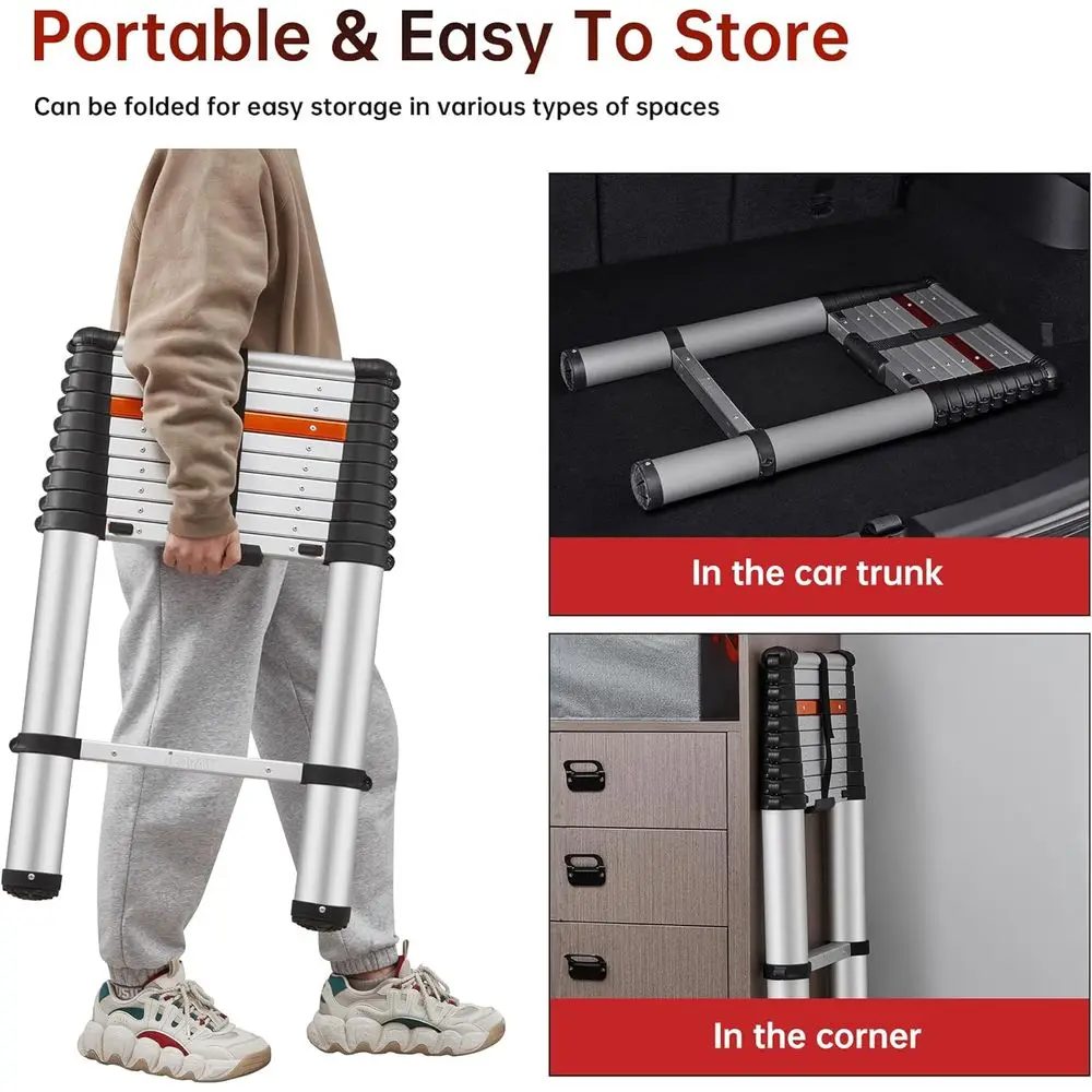 10,8-Fuß-Teleskopleiter aus Aluminium mit einem Knopf und Absenkautomatik, rutschfesten Füßen für den Einsatz zu Hause, im Freien, Wohnmobil, 250-Pfund-Last