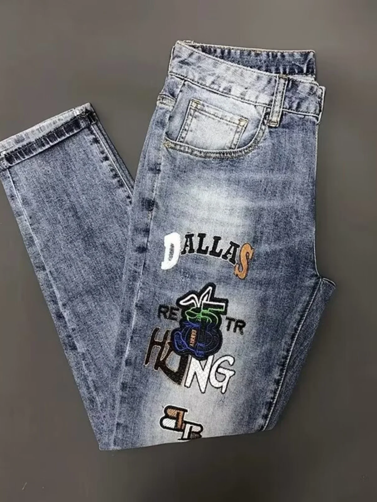 

Мужские джинсы узкого кроя с вышивкой Ele, брюки из девяти предметов, весенне-осенняя повседневная эластичная молодежная износостойкая длинная футболка...