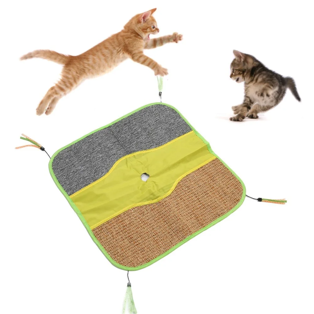 45x45cm Cat Scratch Play Mat Multifunctional Sisal Cat Crinkle Mat Cat Scratching Pad Rug with Strings for Cat Kitten