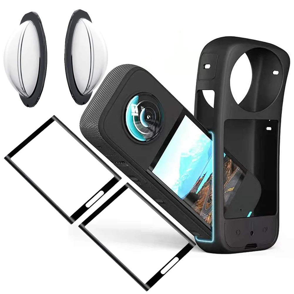 For Insta360 X3 Camera Protective Accessories, Sticky Lens Guard Set Silicone Case Screen Tempered Glass Film Protector