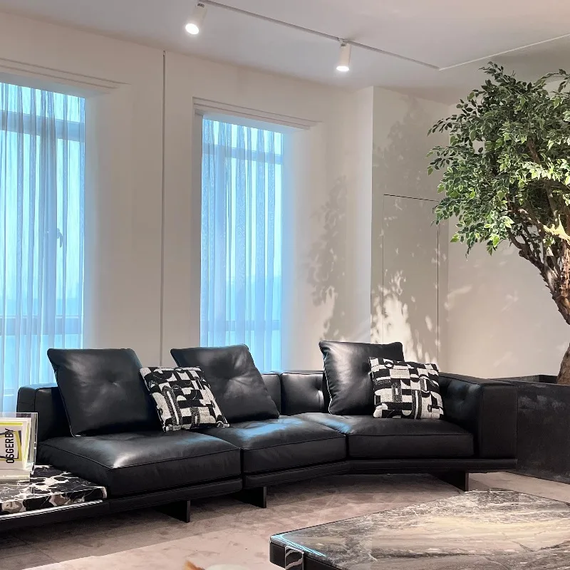 black reclining modular combination sofaModern luxury Italian leather corner sofa, suitable for high-end villas and living rooms