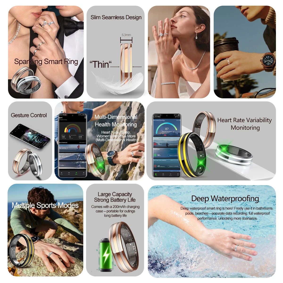 Slim Design HR02 Ultra Thin 6.3mm Smart Ring Fitness Gesture Control Stainless Steel IP68 Waterproof Finger Ring For Women Men