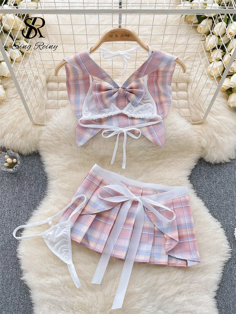 

SINGREINY Female Cosplay Sexy Nightwear Sweet Mini Top+Short Skirt+Thongs Plaid Hollow Out Backless Erotic Two Pieces Sets