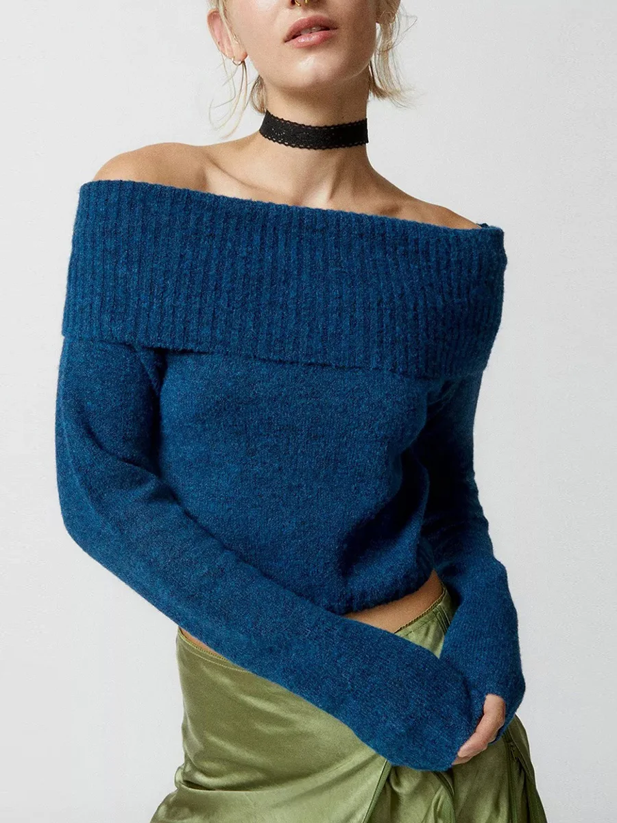 

Women Off Shoulder Sweater Top Y2k Slim Fit Long Sleeve Crop Tee Knitted Shirts Casual Ribbed Blouse Tops Streetwear